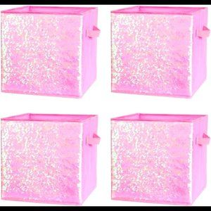 Foldable Pink Sequin Storage Basket Bin Closet Cubes   (4PCS,Pink)
